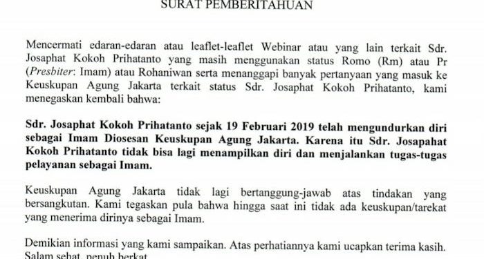 KAJ Kembali Tegaskan Josaphat Kokoh Prihatanto Bukan Lagi Imam